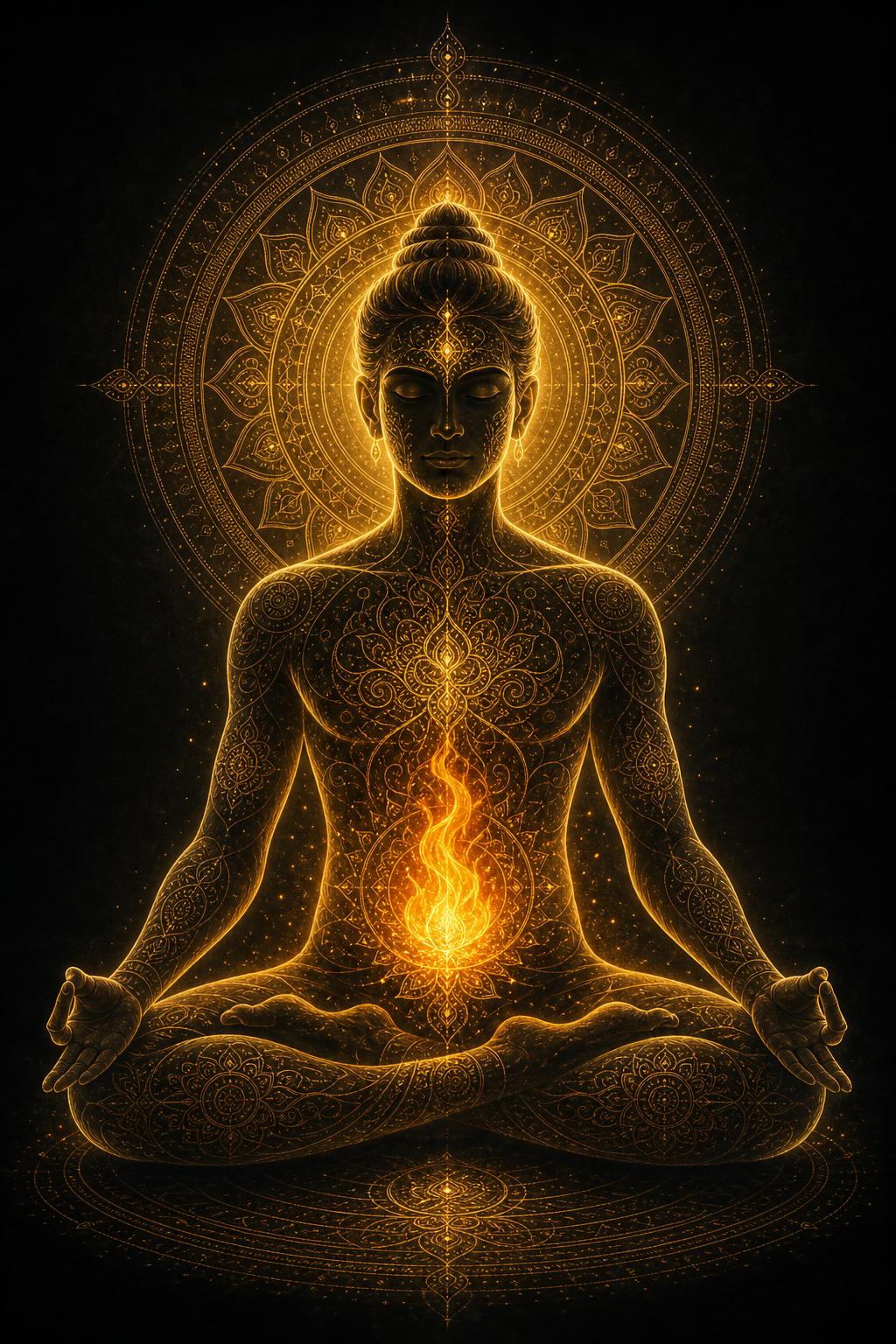 Meditating yogi with golden sacred geometry and the Agni digestive fire glowing at the solar plexus.