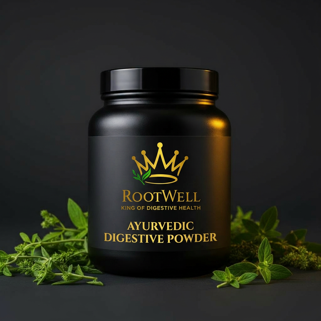 RootWell Ayurvedic Digestive Health Powder package with Triphala, Ginger, and natural herbs